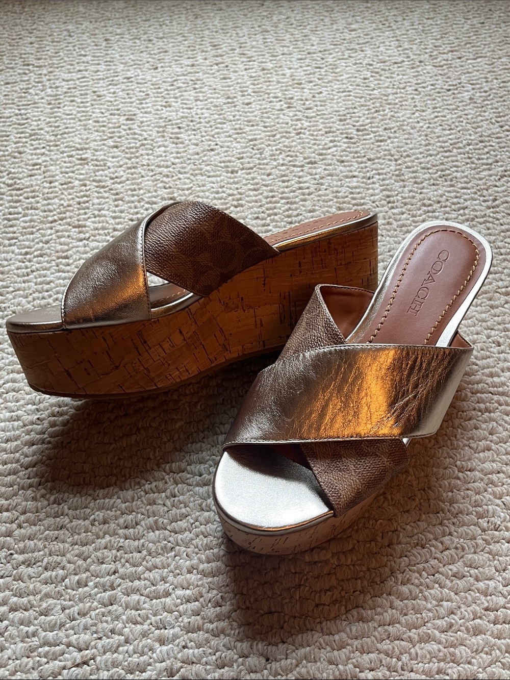 NWOT Coach Metallic Rose Gold Cork Wedge Slides